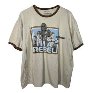 Disney Store Star Wars I'm A Rebel T-Shirt Classic Ringer Tee Tan FLAW Adult 2XL